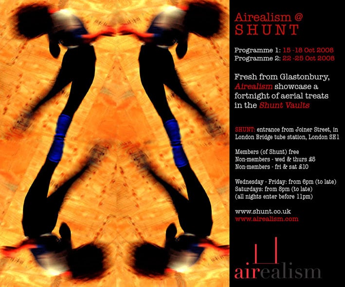 Airealism at Shunt flyer for October 2008, with mirrored aerial figures and Joiner Street details