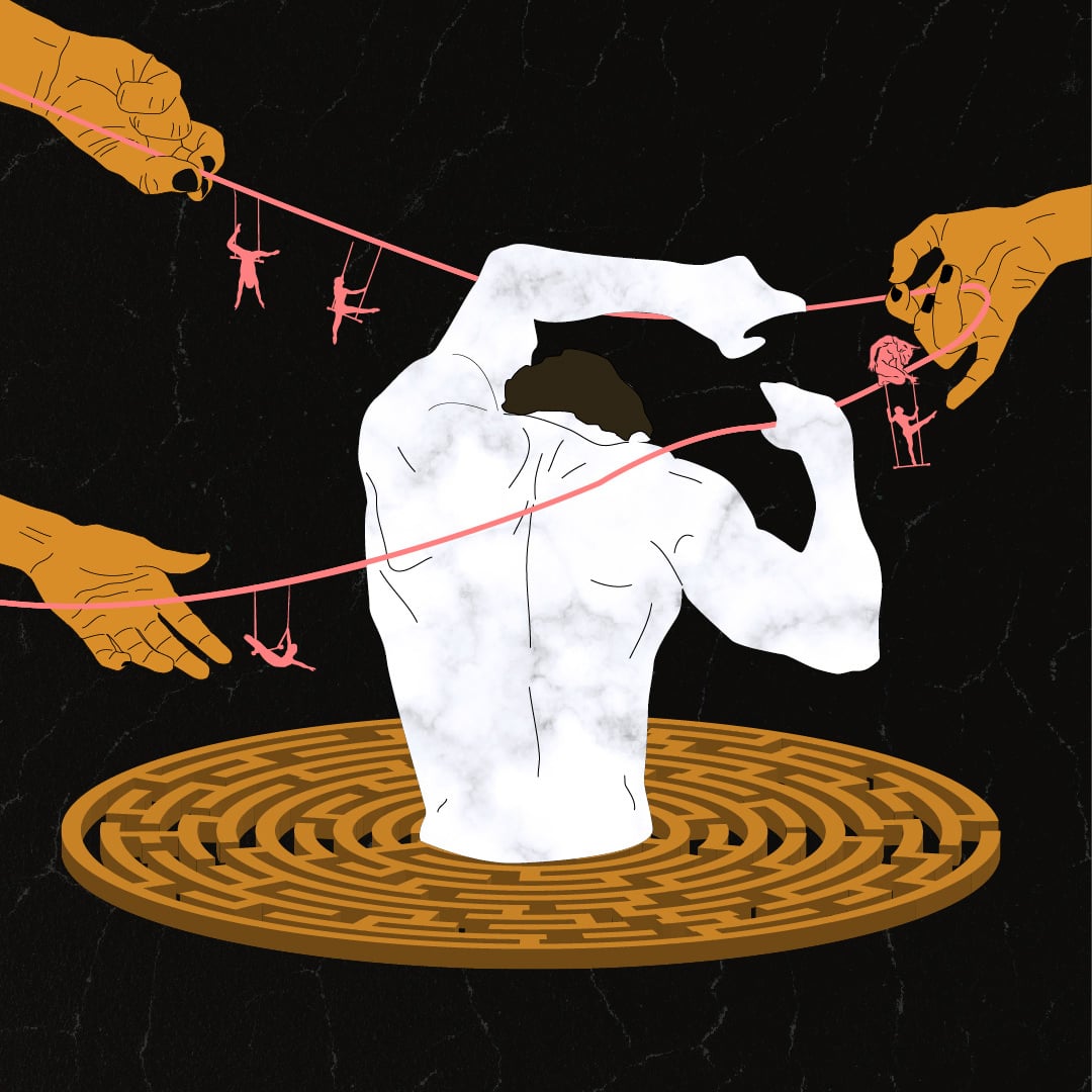 Poster for Don't Look Back: a marble figure rises from a labyrinth while giant hands pull red threads with aerialists suspended from them