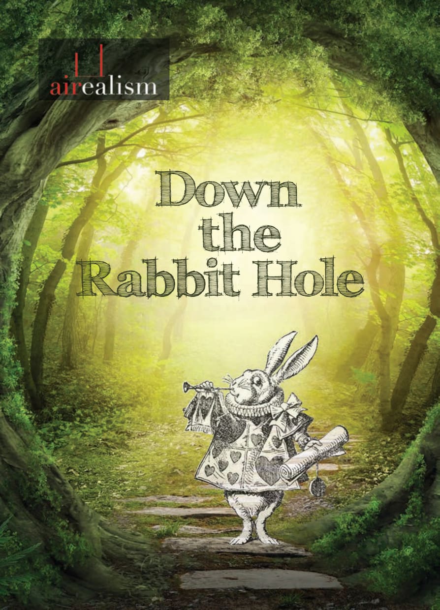 Poster for Down the Rabbit Hole: Tenniel's White Rabbit with trumpet on a forest path, title in sketched green lettering