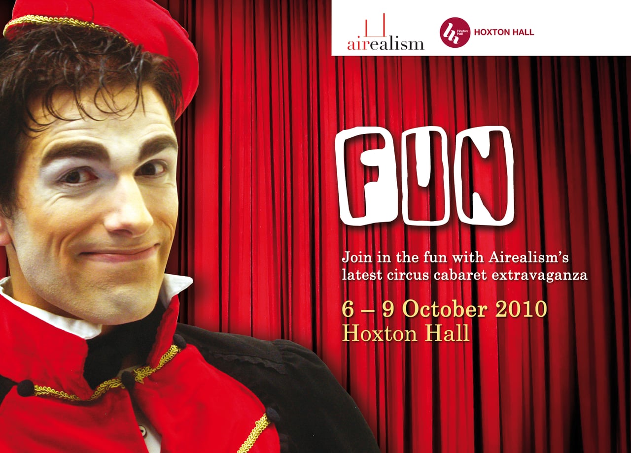 Flyer for FUN: a theatre usher in a red cap against red curtains, 6-9 October 2010 at Hoxton Hall