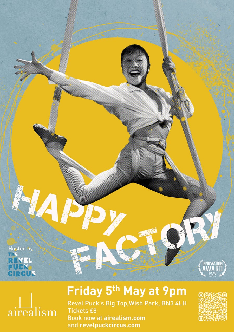 Happy Factory flyer: smiling aerialist on straps against a yellow circle, billed for Revel Puck Circus in Brighton