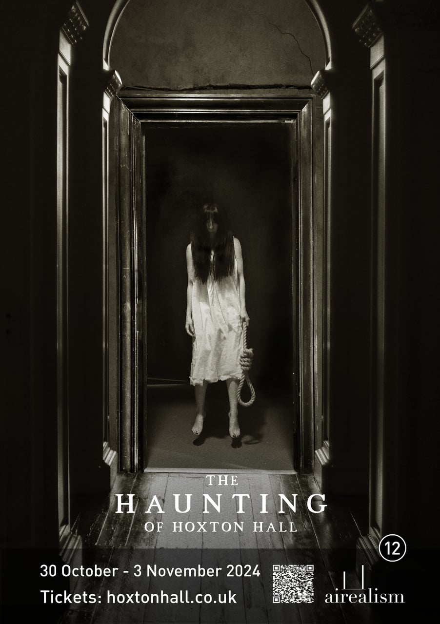 Poster for The Haunting of Hoxton Hall: a levitating figure with a noose in a doorway, with dates and ticket details